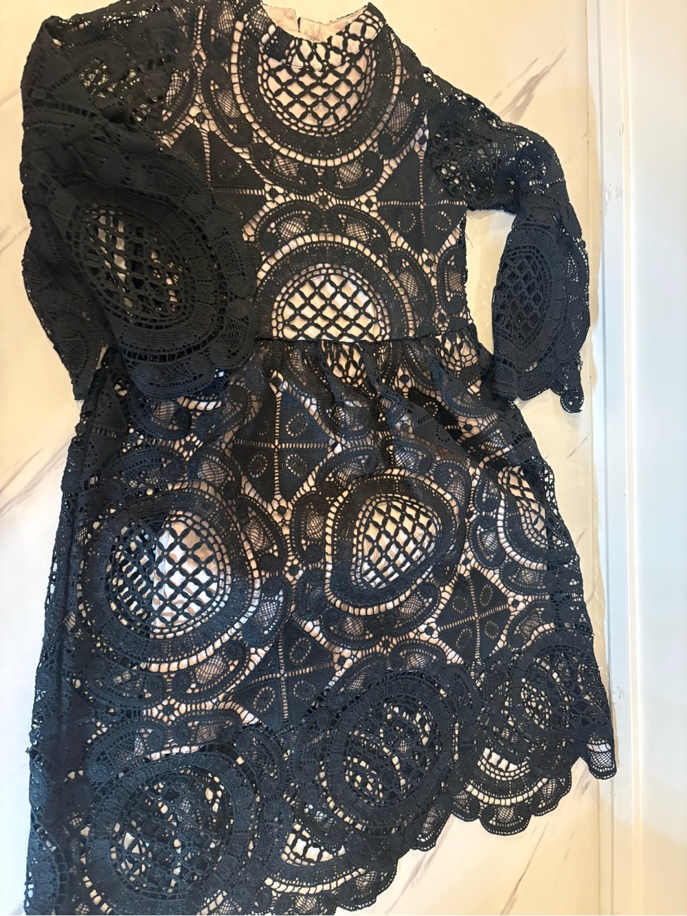 Joyfolie Black Crochet Lace Long Sleeve Dress with Scalloped Hem